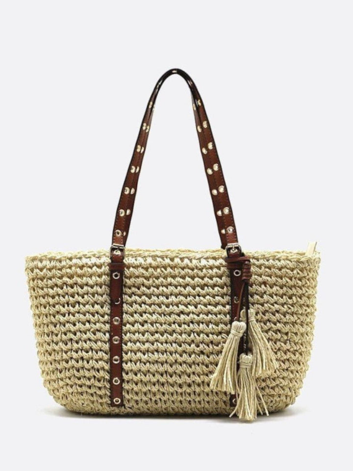 panier cabas paille et cuir beige